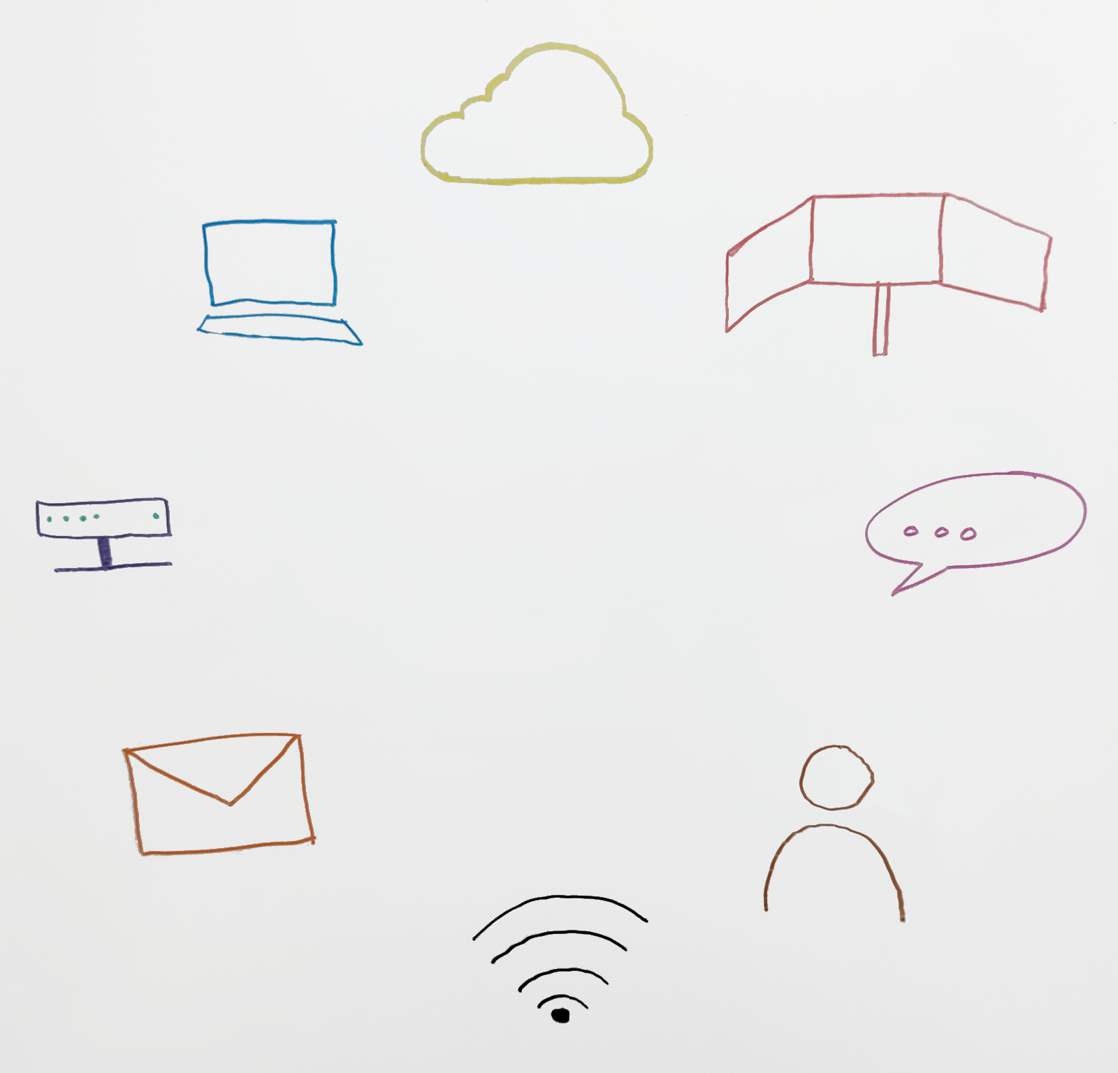 Algemene ICT iconen getekend op een whiteboard